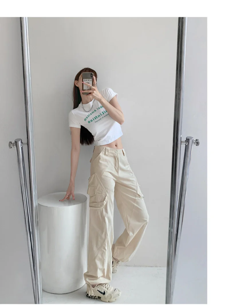 

European And WOMENGAGA American Style Retro High Waisted Straight Tube Loose Cargo Pants For Women Slim Floor Mop Pants NAPZ