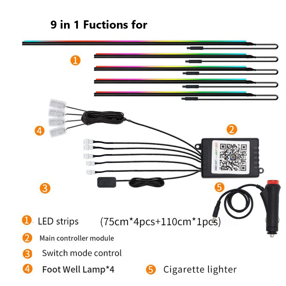 자동차 인테리어 분위기 조명, RGB 숨겨진 아크릴 스트립 심포니 분위기 램프, 앱 제어, DC12V, USB 5V, 9 in 1 