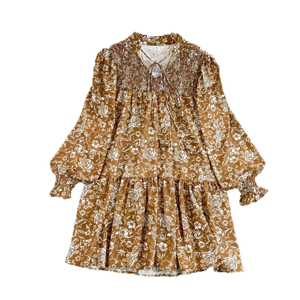 봄 가을 패션 젠틀 스위트 랜턴 롱 슬리브 브이넥 루즈 미디 A라인 레이스 트림 플로럴 프린트 여성 스커트