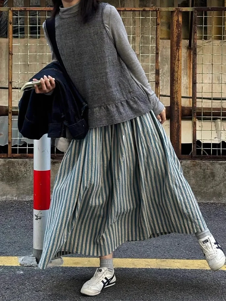 

High Waist Striped Loose Casual Women's Skirt A-Line Midi Skirt Early Spring Slimming Half-length Skirt Rouje Kefss