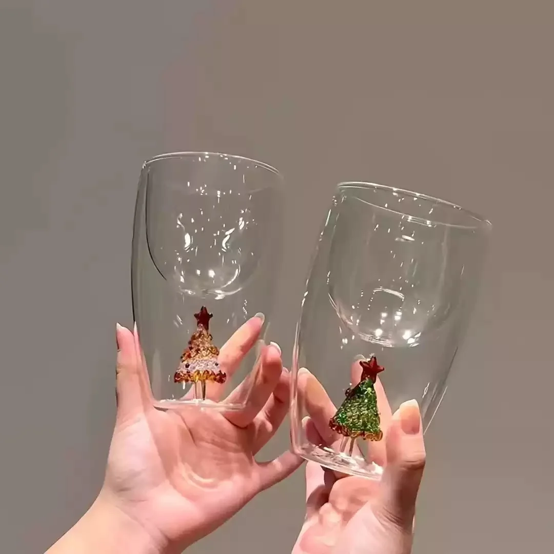 Original 3D Christmas Tree Borosilicate Glass Champagne Flute with Pink Gift Box for Holiday Party