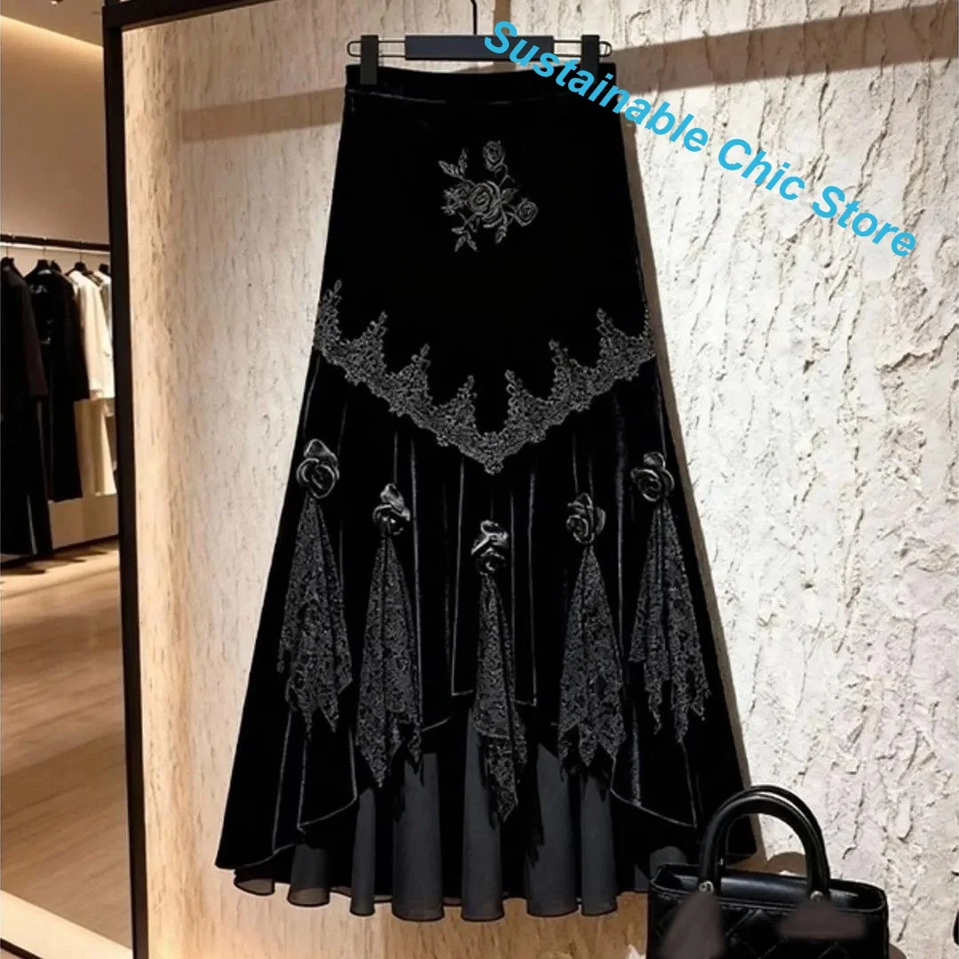 French Retro Wild Black Lace Fishtail Dress Female Autumn and Winter New Golden Velvet Drape Temperament High Waist Skirt.