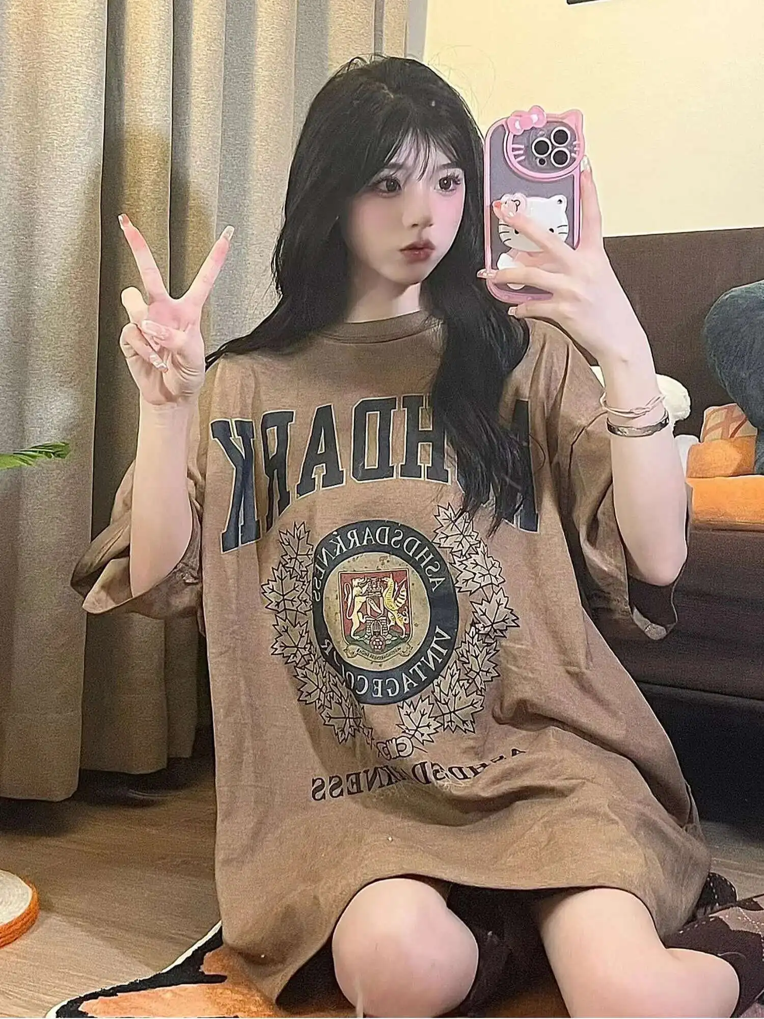 man women T-shirt 2025 Street American Oldschool Vintage Washed Badge Industrial Style Short sleeved T-shirt Women's Ins