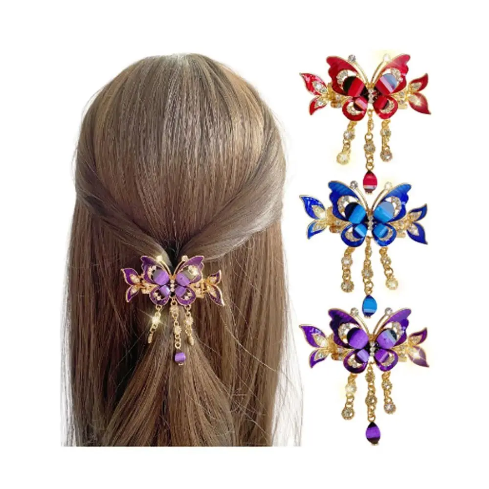 3pcs Set Elegant Butterfly Hair Clips with Rhinestone Tassels - Vintage Boho Ponytail Holders for Girls, Mixed Colors