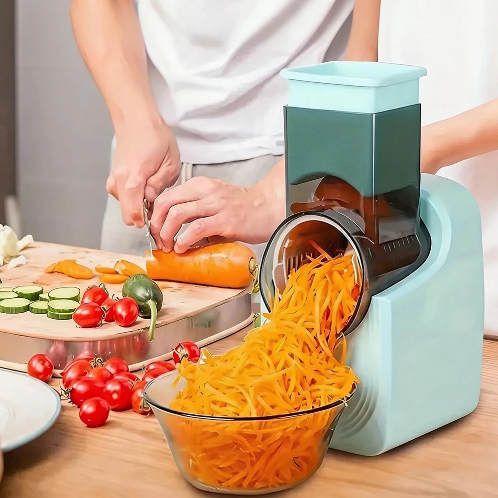 Râpe à fromage multifonctionnelle 550W, trancheuse à légumes, robot culinaire, préparateur de salades avec 3 lames en acier inoxydable, sans BPA, fonctionnement à un bouton, facile à nettoyer, gadget de cuisine