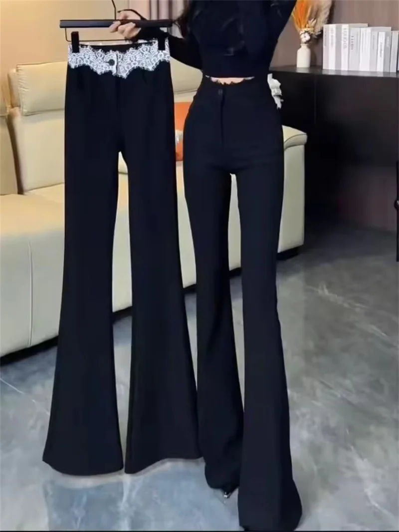 

Новые осенне-зимние расклешенные брюки с кружевными вставками для женщин: модные, элегантные, с высокой талией, эластичные, в пол.