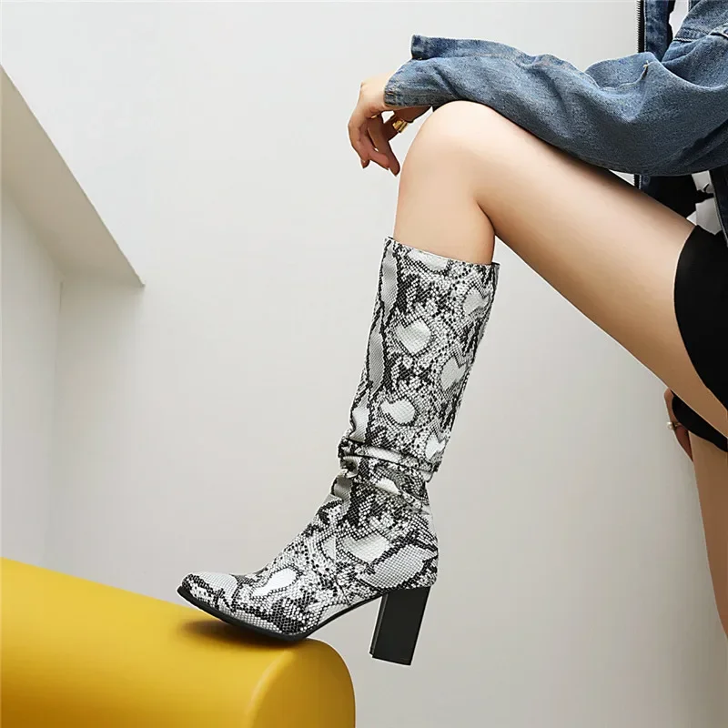 

YMECHIC fashion 2025 Winter long Boots Female Black Brown Snake Print Block High Heel Knight Riding Women Shoes Plus Size 42 43