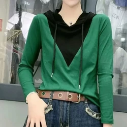 2024 Spring Autumn New Cotton Long Sleeve Hooded Drawstring Commute All-match Spliced Contrast Color Loose Women's T-shirts Tops