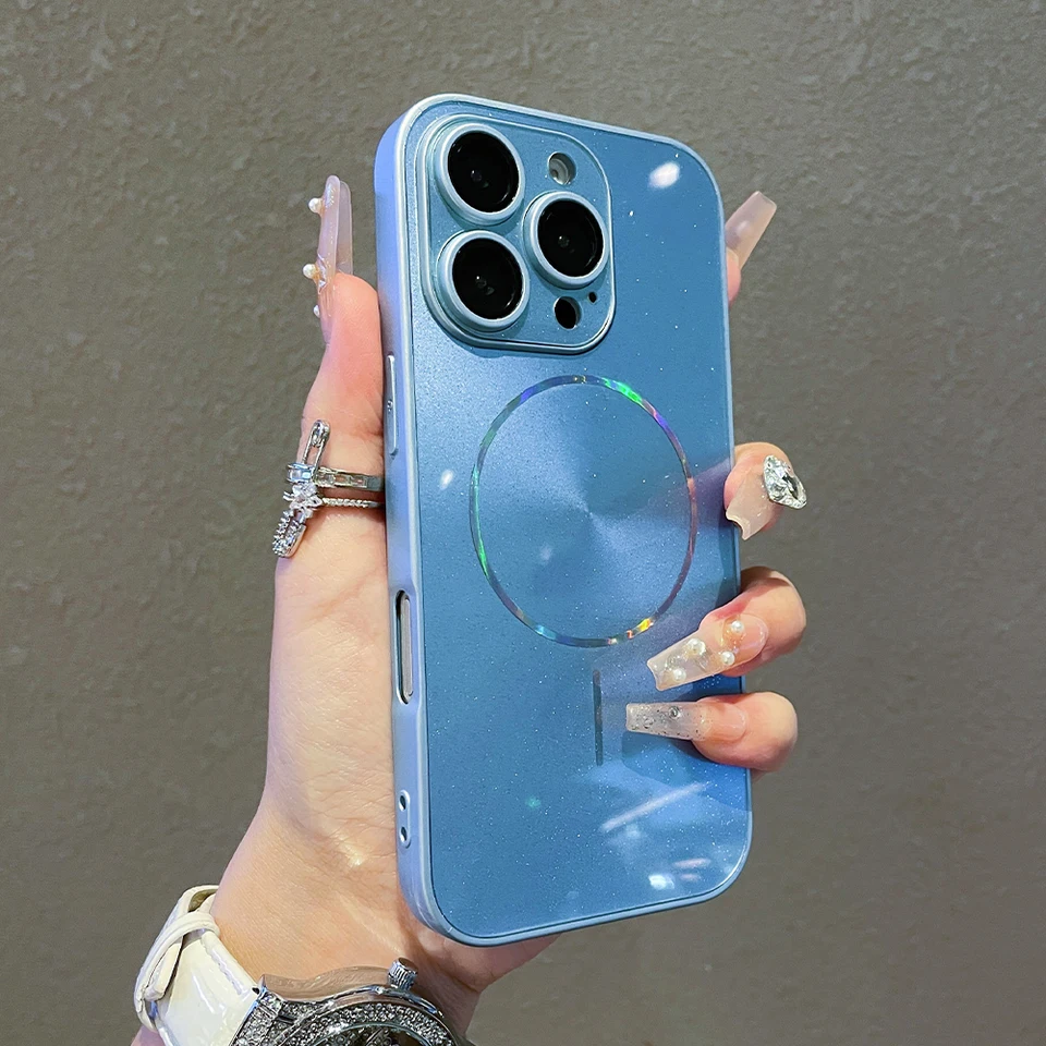 Funda magnética de lujo con brillo y efecto aurora para iPhone 15 16 17 Pro Max 14 Plus 13 12 11, protección completa de lente 3