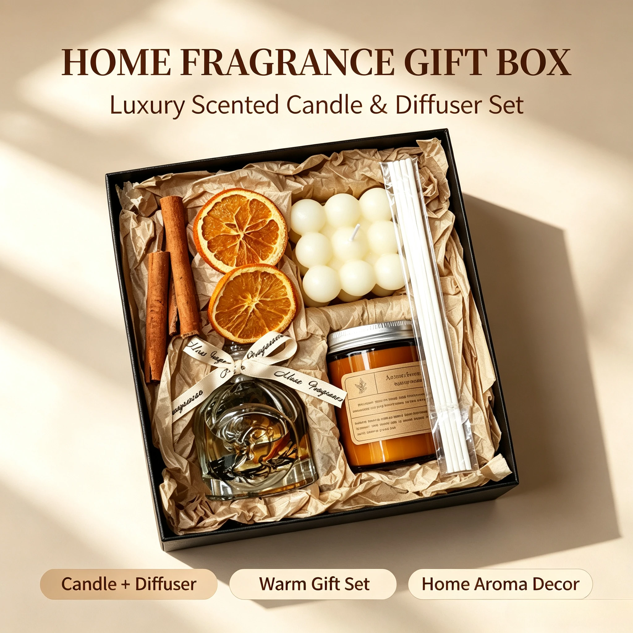 Fireless aromatherapy gift box set, high-end side gift for girls, romantic atmosphere gift, lemon cinnamon candle cup