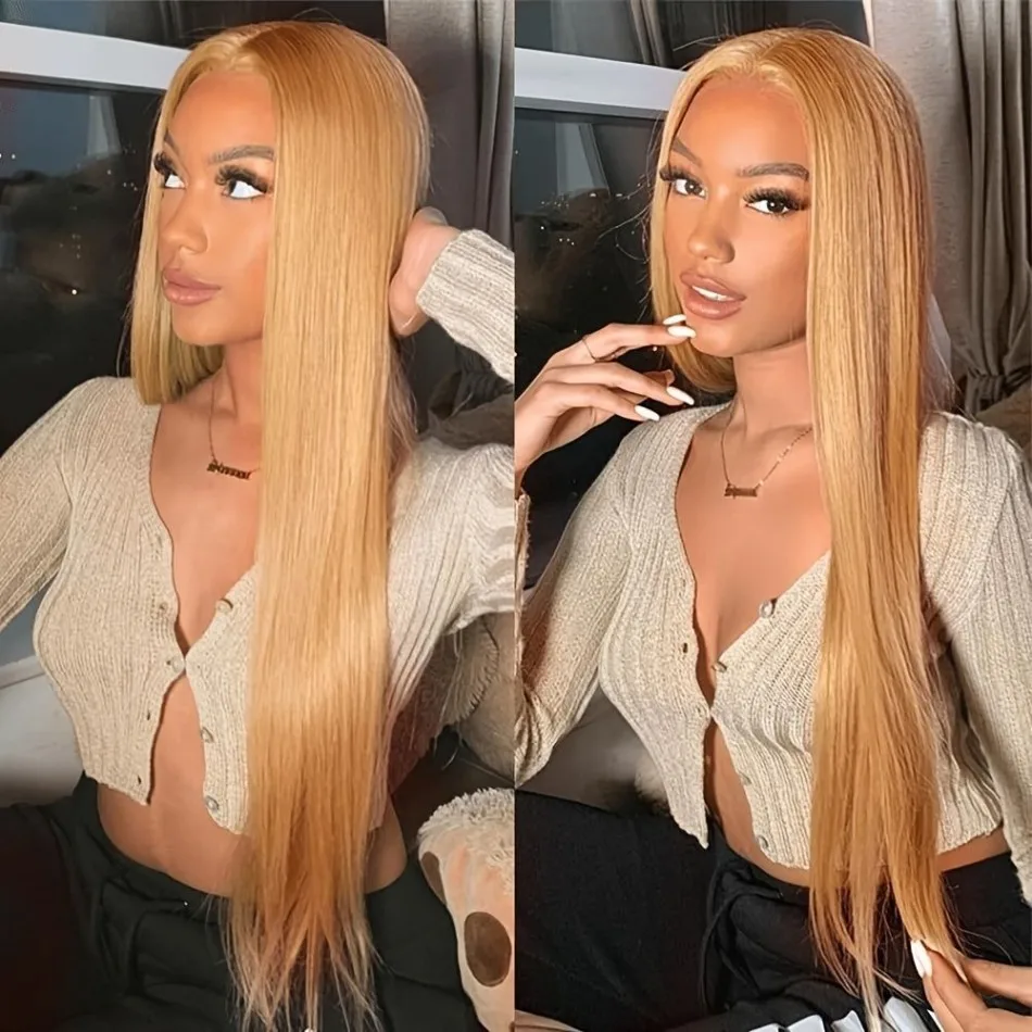 

Straight Human Hair Wigs 27 Honey Blonde 13X6 Hd Lace Frontal Wig 100% Human Hair 230 Density Pre Plucked Brazilian Wigs 38 Inch