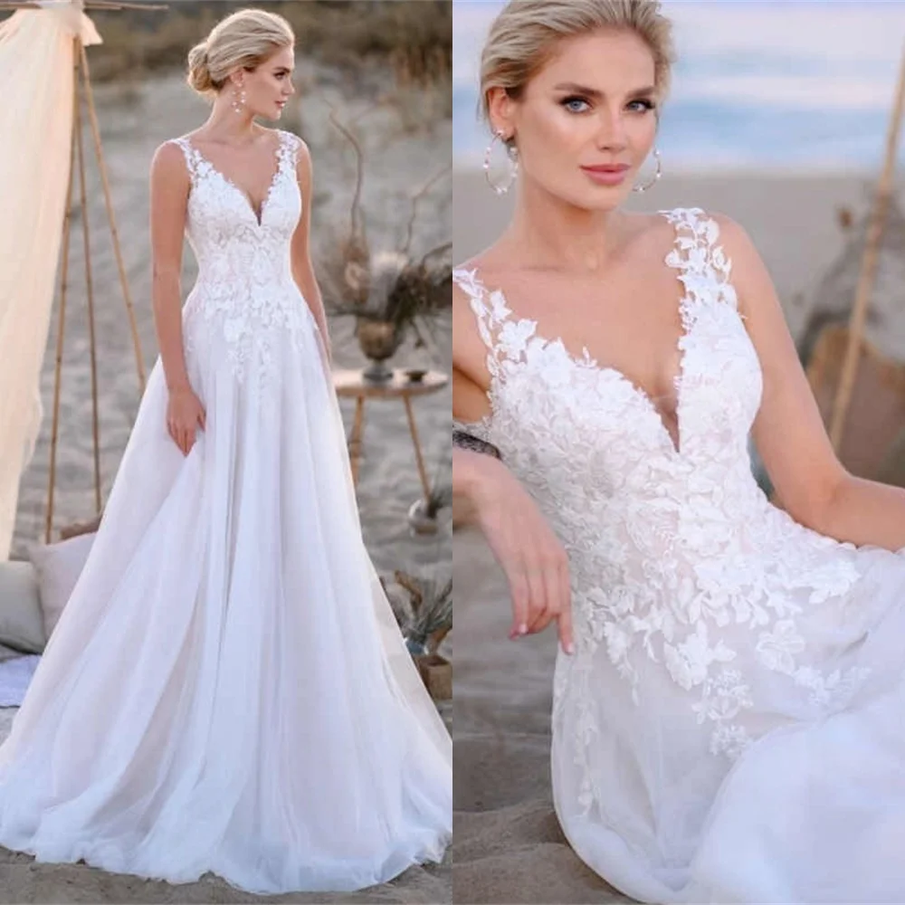 

Customized Delicate White Wedding Dress with Appliques Exquisite Lace Up Back and V-neck Bridal Gowns A-Line Robe de mariée 2025