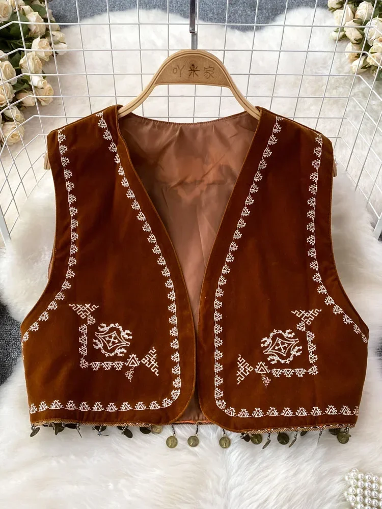 Chaleco de Estilo Vintage para mujer, chaqueta versatil con borlas bordadas, cuello en V, estilo bohemio, vacaciones en la playa, D4993