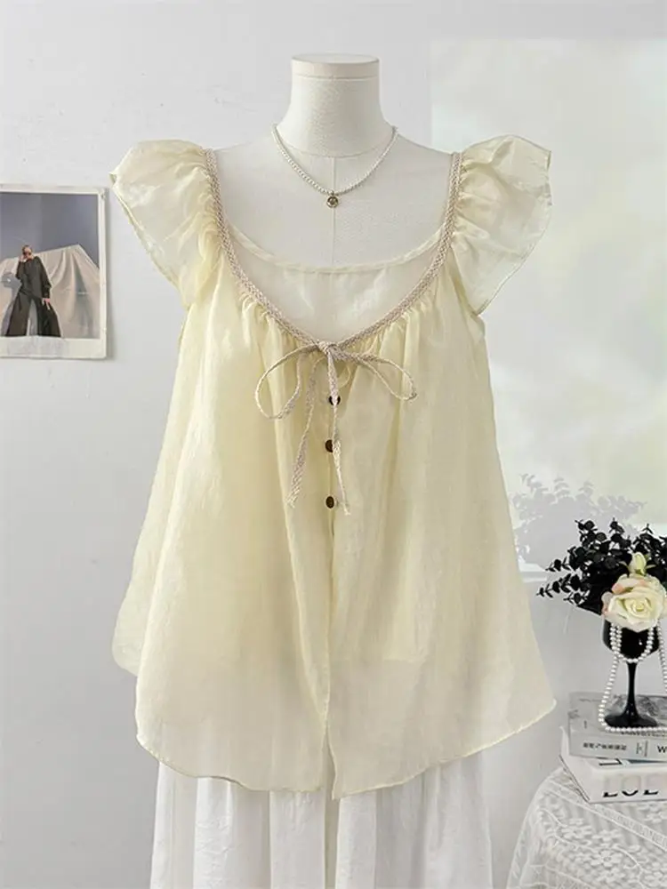 Sweet Summer Loose Atmosphere Sense Bow Tie Wingtip Shirt Women's Clothing V-neck Single Piece Regular Length Pure Color