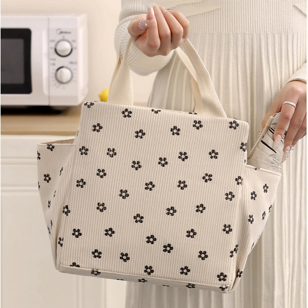 12L Lunch Box Bag, Thickened Aluminum Foil Insulation Lunch Bag, Printed Corduroy Material Waterproof and Oil Proof Meal Bag