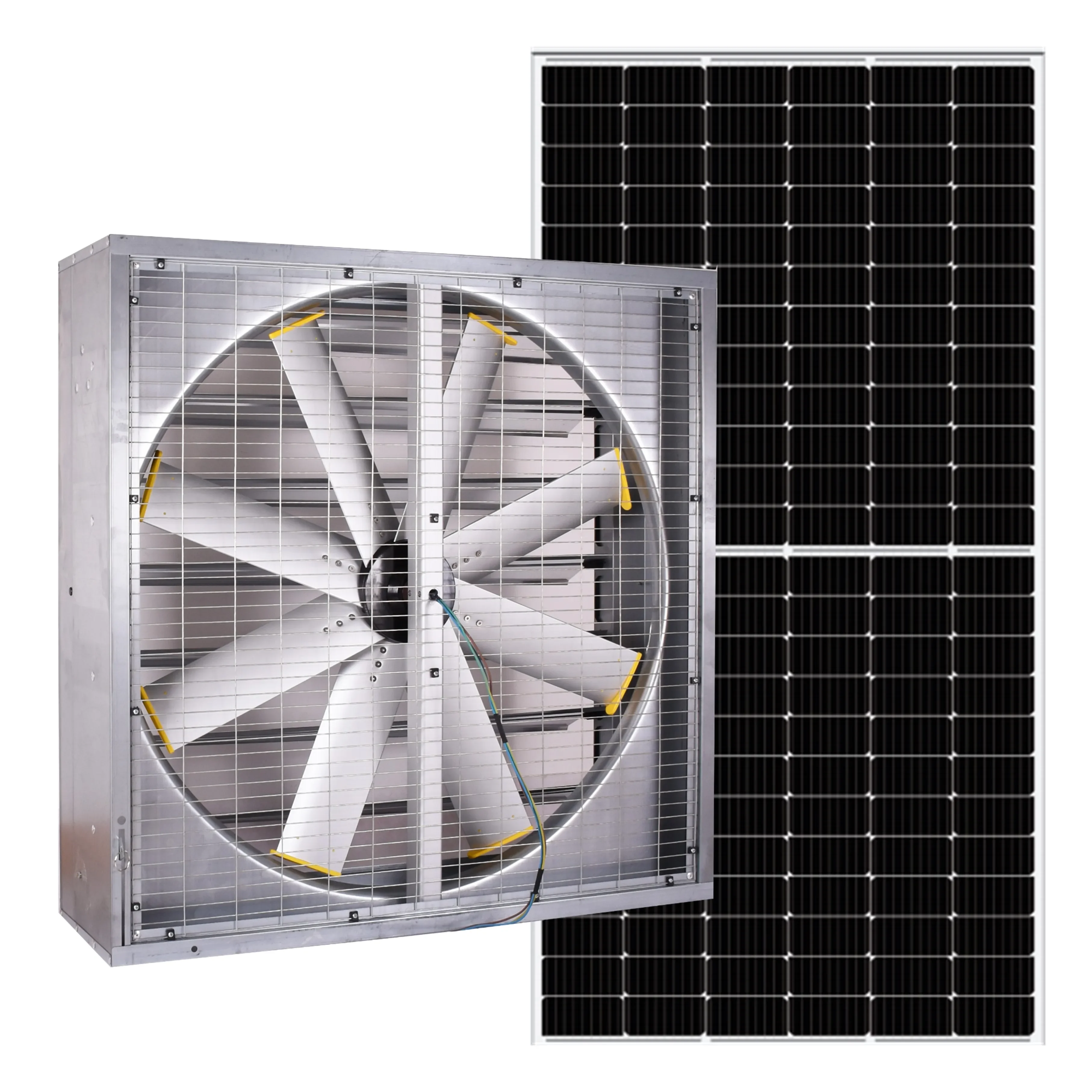 HVAC Top Quality Solar Hybrid Powered Day Night Ventilation Wall Fan No Blet BLDC Motor 54'' Thin Box Heat Exhaust Air Extractor