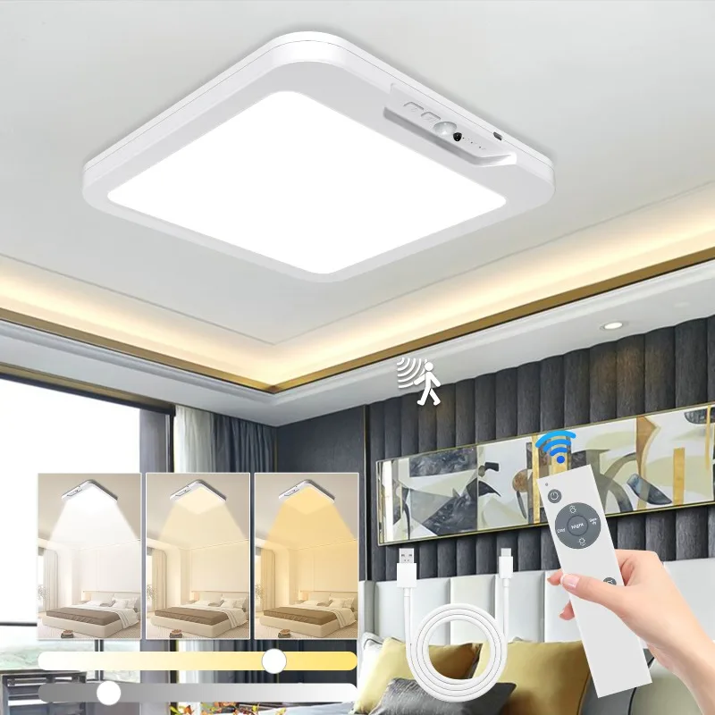 

Rechargeable Motion Sensor Ceiling Light with Remote, 3 Color Temperatures, Timer Wireless Mount LED Shower Lighting for Indoor