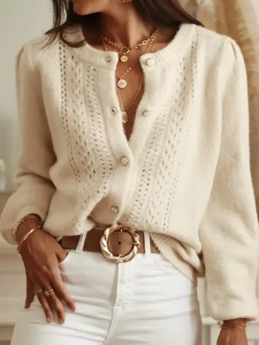

Осенне-зимний элегантный однотонный вязаный кардиган с вязанным крючком цветочным узором, однобортный свитер с длинными рукавами, куртка