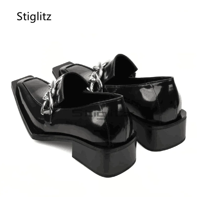 

Мужские туфли-дерби в британском стиле с квадратным носком, черные, из натуральной кожи, с металлической цепочкой, на среднем каблуке, ретро, для весны и лета