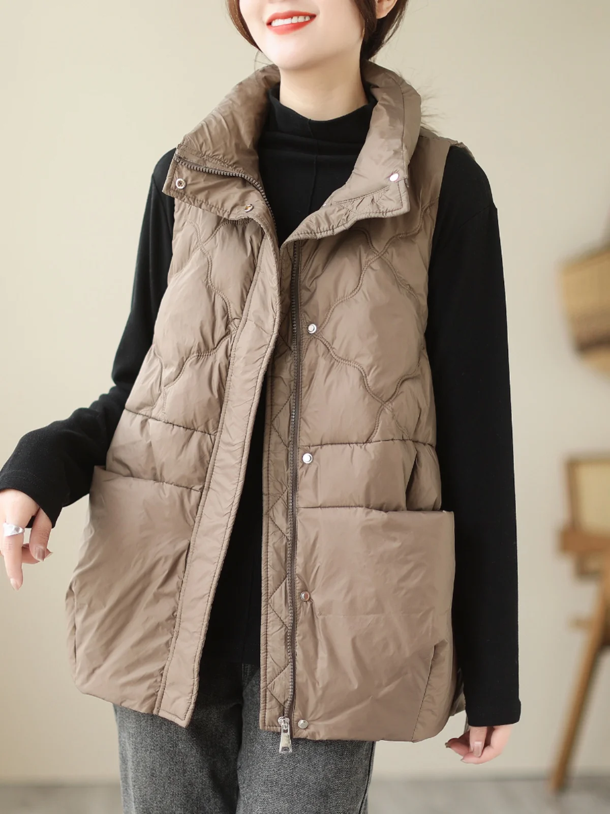 

Retro Women's Loose Cotton Vest Warm Svel Jaet Outerwear Comfortable Zipper Sle Busin Commute Faion Trend