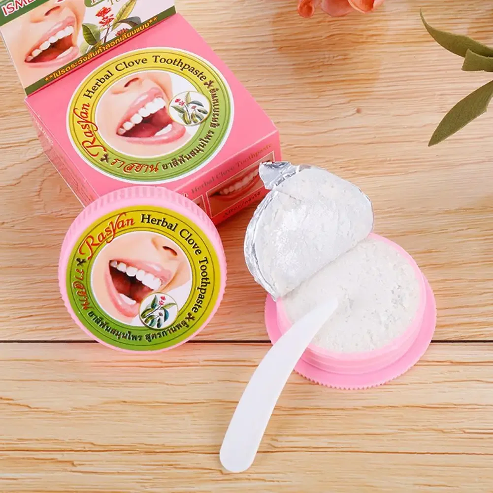 25g Rasyan Thai Clove Coconut Tooth Powder Combo Herbal Whitening for Yellow Teeth Stain Removal Gum Care Fresh Breath