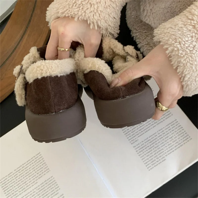 صوف الضأن الداخلية حذاء مسطح أقدام الصوف الدافئة الثلوج الأحذية جولة رئيس مشبك منصة أحذية قطنية تقليد الجلد المدبوغ 35-39 أحذية نسائية #3