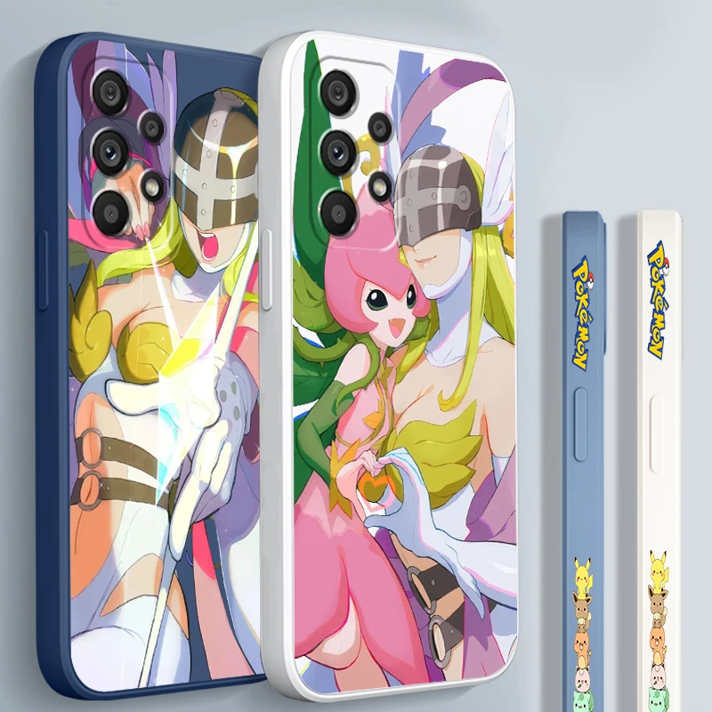 Cartoon A-Angewomons P-Pokemones Liquid Left Rope For Samsung A53 A52 A55 A32 A51 A71 A21S A13 A73 A55 A72 A23 A35 A05 5G Cover