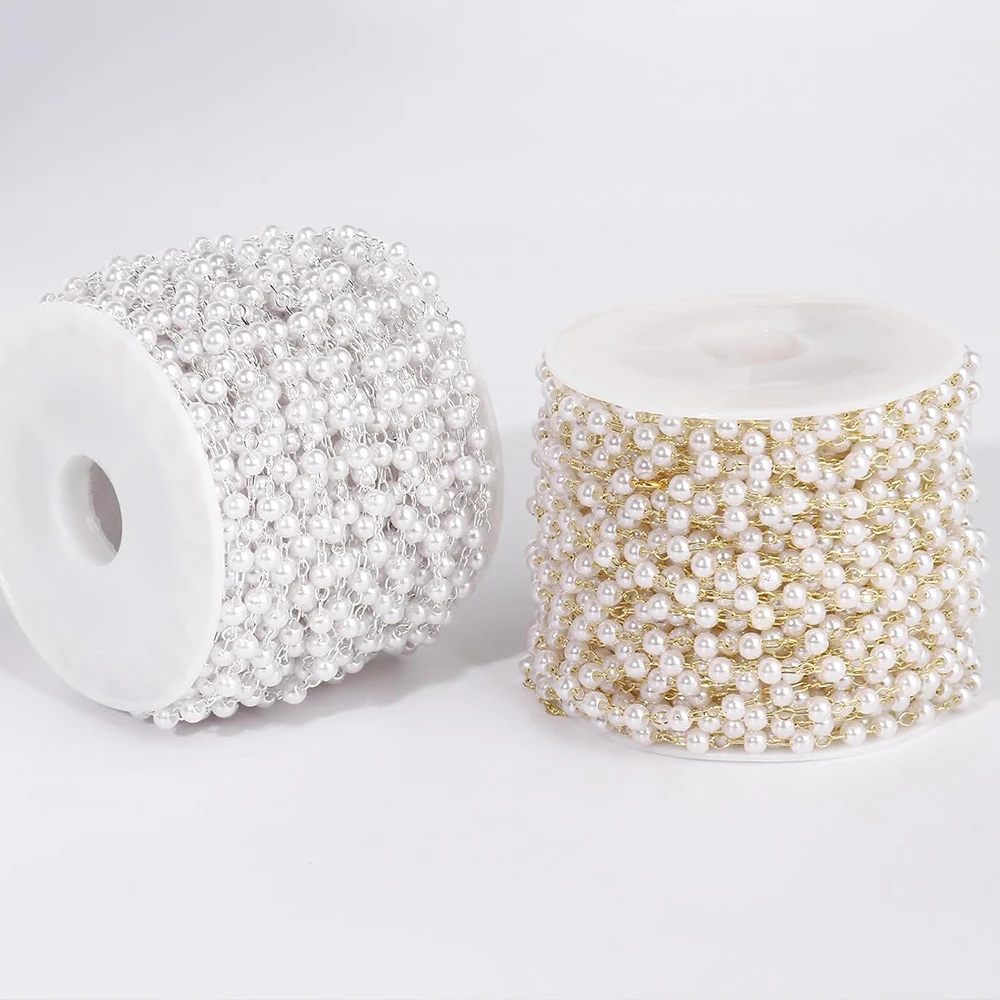 20 Meter 3/4/5/6mm Faux Pearls Beaded Gold Plated Brass Cable Link Chain Spool for Jewelry Making DIY Necklace Crafts view 6