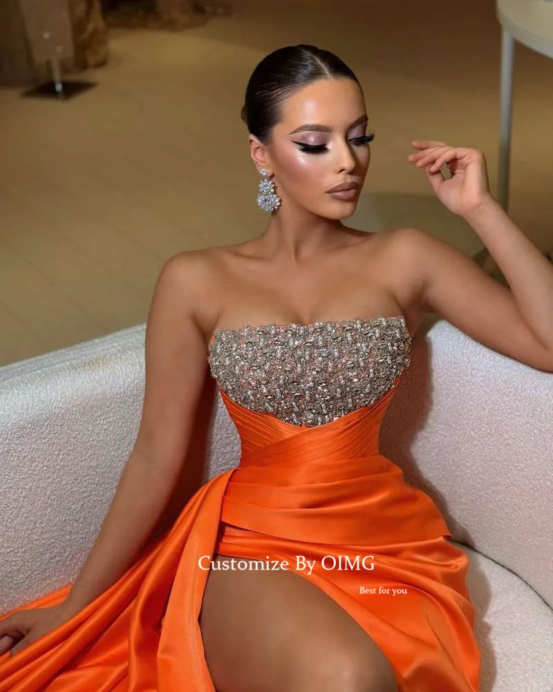 OIMG Sparkly Orange Satin A Line Long Prom Dresses Dubai Arabic Beads Crystal Split Sexy Evening Gowns Formal Party Dress