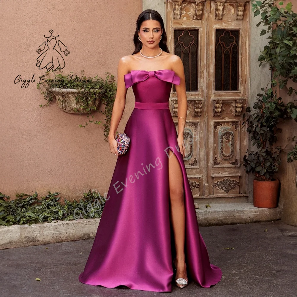 

Giggle Evening Dress Strapless Customized Bow Ruched Sleeveless elegant Satin Formal Saudi evening gala dress for women 2024