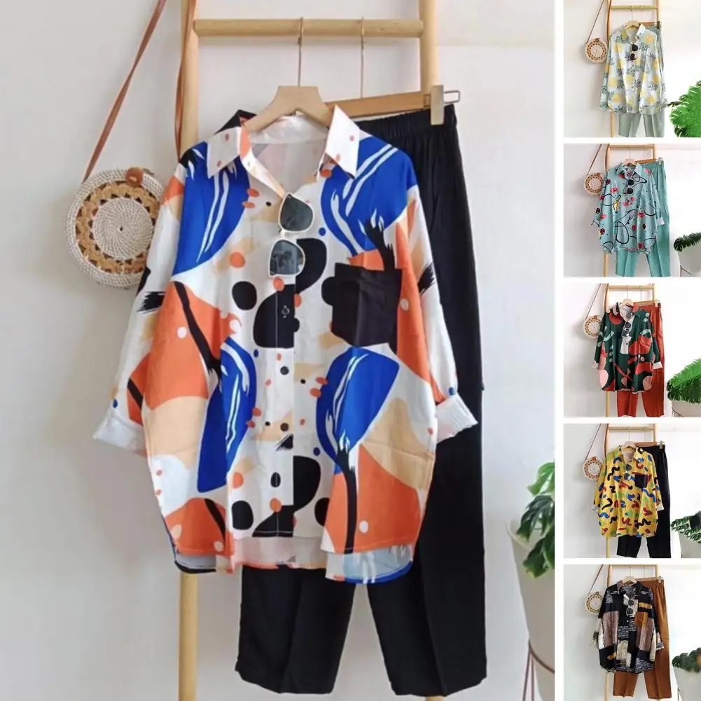 

Trendy Spring Blouse Trousers Set Cardigan Patch Pocket Lady Shirt Pants Set Graffiti Print Spring Blouse Trousers Set