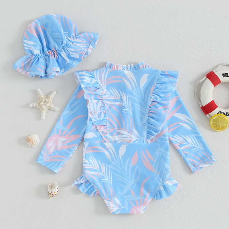 2 Pcs Baby Girl Swimsuit Round Neck Long Sleeve Leaf Zip Up Swimsuit + 3D Bow Swim Hat Infant Toddler Swimwear Outfit