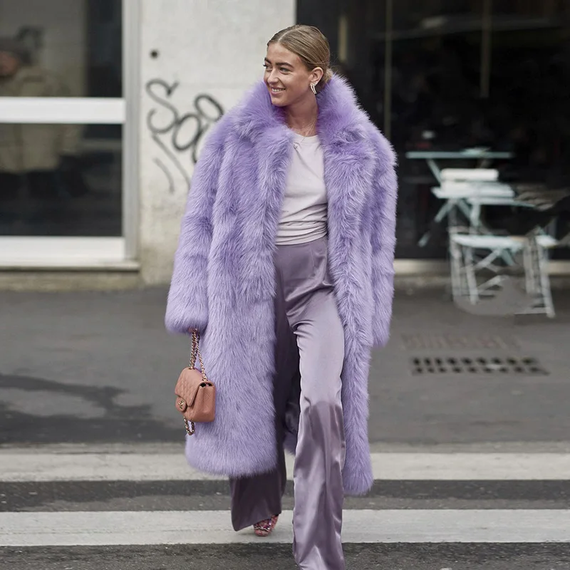 casaco de piel sintética de invierno de gran tamaño para mujer, chaqueta de piel larga con solapa holgada de lujo, abrigo de piel morado de peluche cálido para mujer, prendas de vestir exteriores