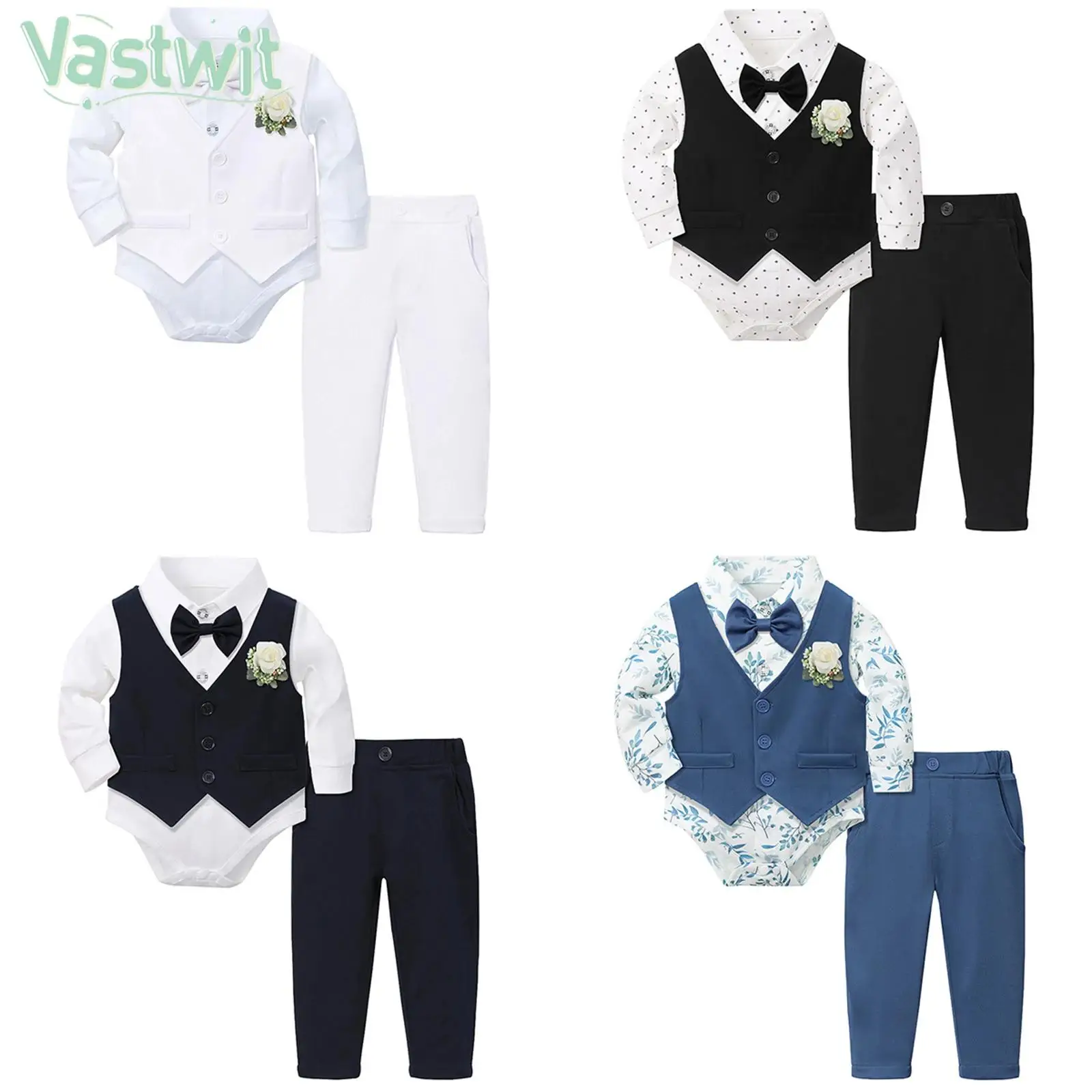 

Baby Toddler Boy Christening Gentleman Suit Long Sleeve Bowtie Romper with Vest Pants Brooch for Birthday Wedding Photography