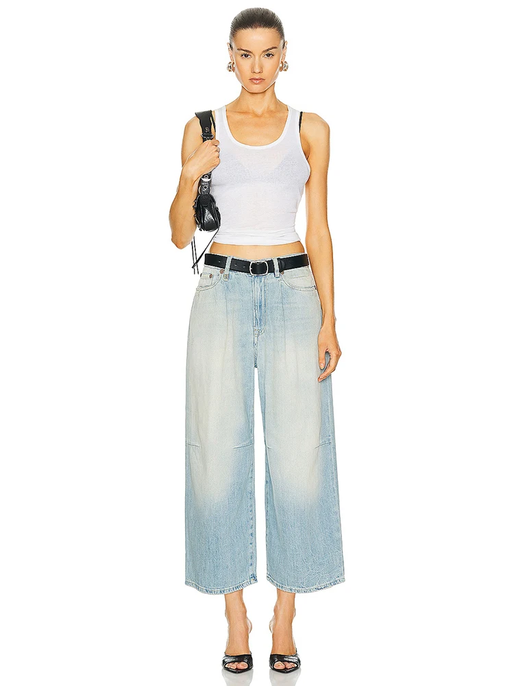 denim y2k spring and summer high waist nine points wide leg open curve Woman trousers2024 loose straight cotton women's jeans