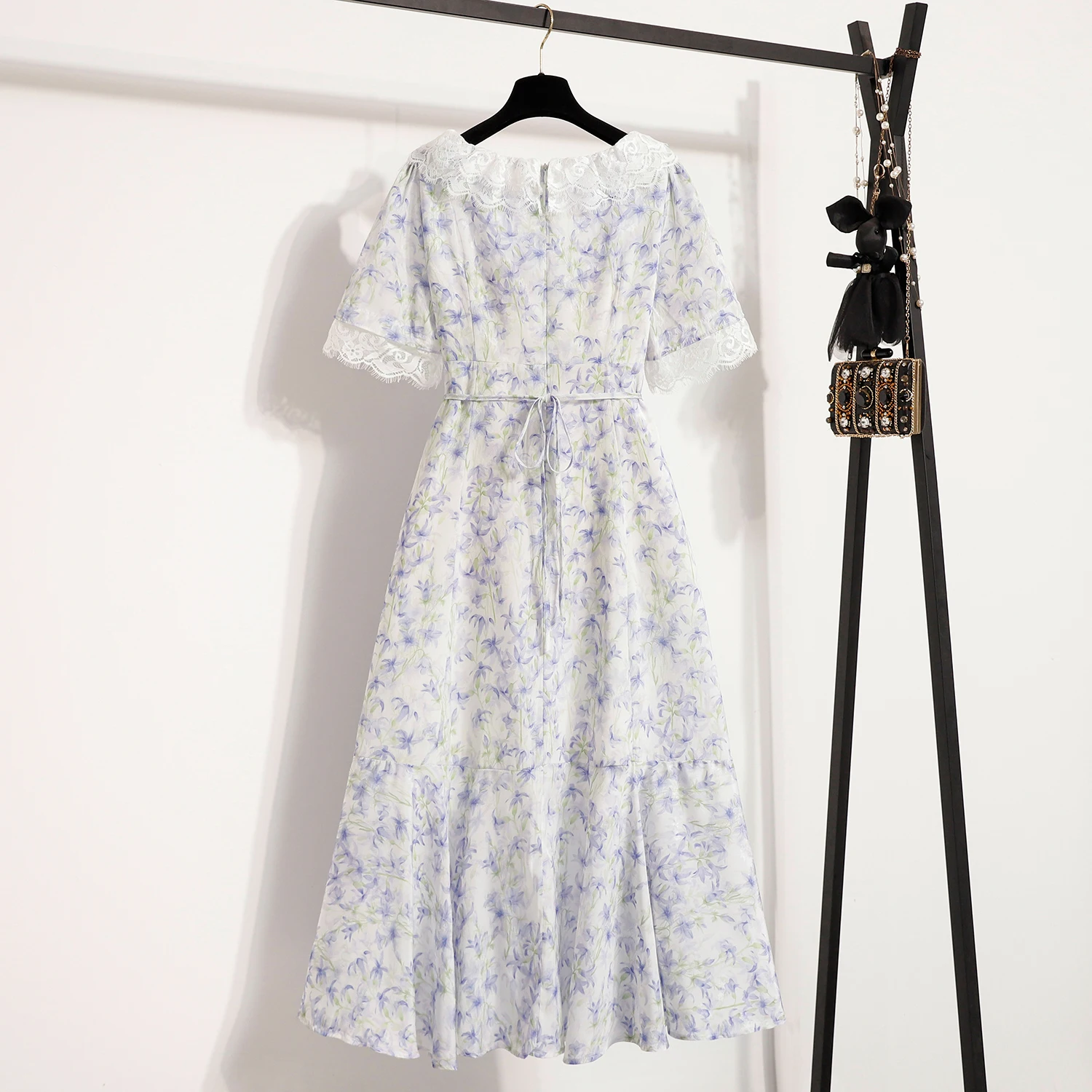 Letnia Elegancka Sukienka Damska Szyfonowa w Kwiaty Temperament Dekolt O-Neck Krótkie Rękawy Wysoki Stan Wyszczuplająca Długa Sukienka Codzienna Słodka Sukienka