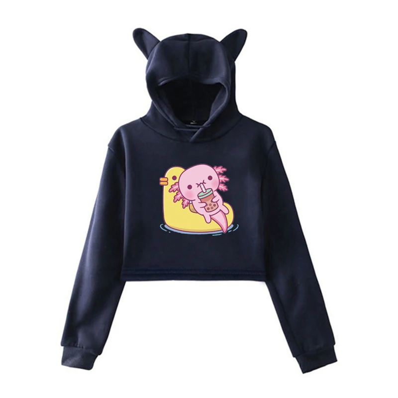 Cute Axolotl Boba Tea Graphic Printed Hoodie Women Fashion Kawaii Cropped Cat Ear Pullover Casual Long Sleeve Y2k Sweatshirt