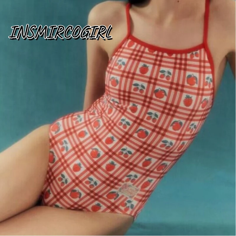 New Strawberry Printing Women Swimsuit Sexy One-piece Slim High Waist Triathlon Race Bodysuit Swimwear