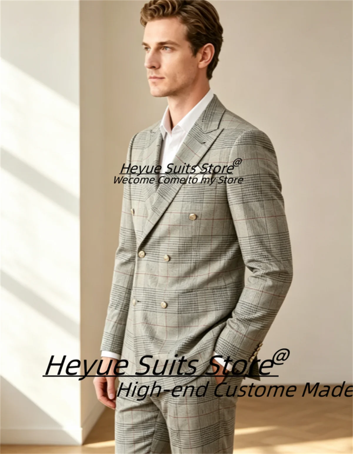 British Style Plaid Men Suits Customized Slim Fit Double Breasted Groom Wedding Tuxedos2Pcs Sets Formal Prom Blazers Ropa Hombre
