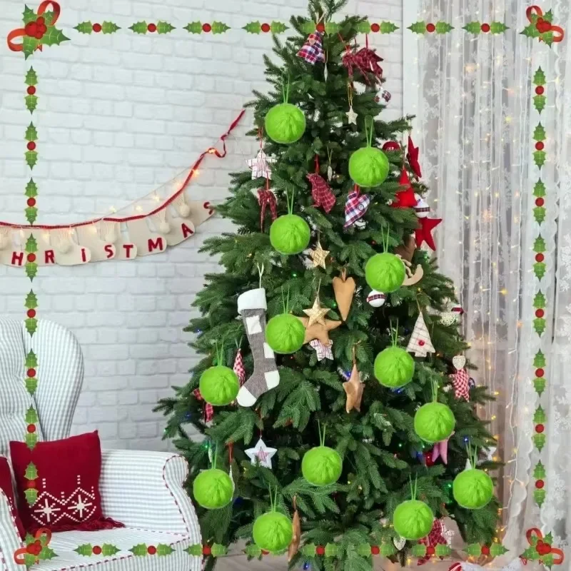 Verde pom poms natal pele do falso pompom bolas conjunto 6cm bolas de pelúcia de natal ornamentos árvore de natal pendurado decorações