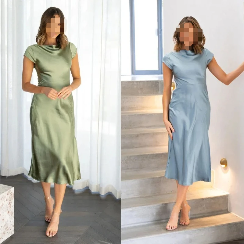 Summer Women Satin Backless Sleeveless Dress Casual Loose O Neck Long Dresses 2024 New Chic Female Street Vacation Outfits Robes