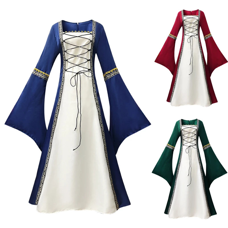 

S-5XL European and American Large Size Medieval Court Robe Horn Sleeve Long Dress Stage Performance Cosplay Clothing