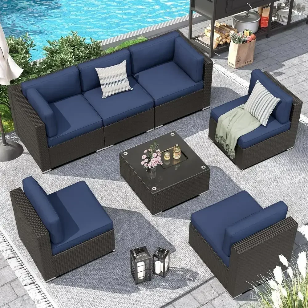 7-Piece All-Weather Outdoor Patio Sectional Sofa Set with Manual Woven Wicker, Glass Top Table, and Removable Blue Cushions