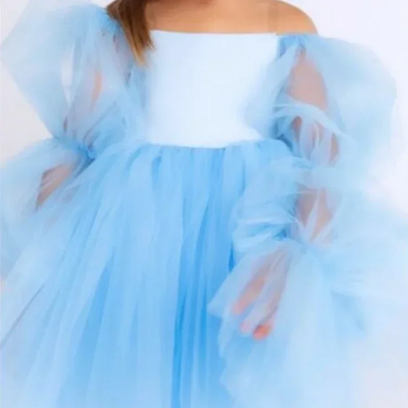 

Light Blue Flower Girl Dress Long Sleeves For Wedding Princess Dress Puffy Girl Birthday First Communion Gowns