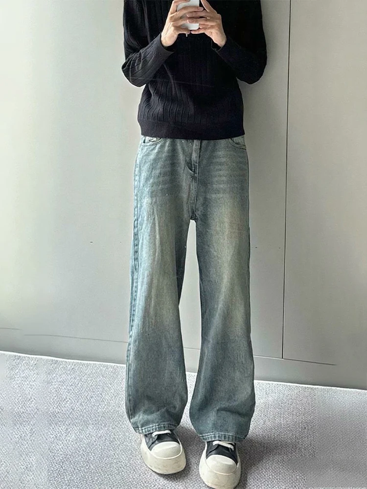 

Светло-голубые мужские джинсы в американском ретро-стиле с расклешенными прямыми штанинами, осенние, свободного кроя, с широкими штанинами, прямые джинсовые брюки