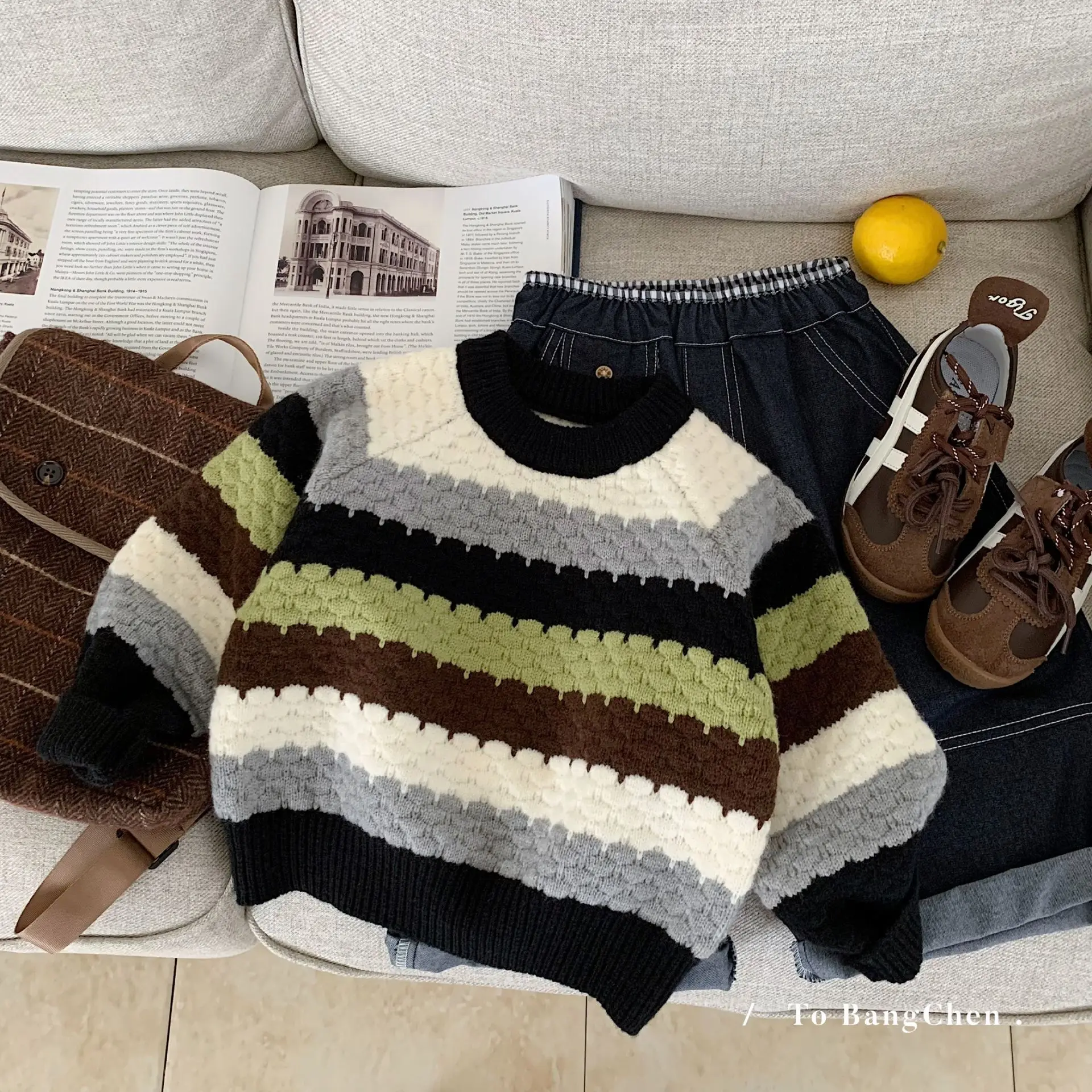 

Детский свитер для мальчиков Unitim, осень 2025 года, детский свитер с круглым вырезом и длинными рукавами для мальчиков, вязаный полосатый свитер для мальчиков от 2 до 8 лет