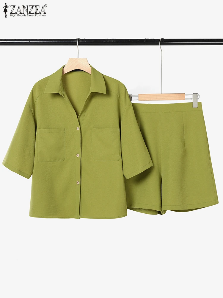 ZANZEA-Conjunto de 2 piezas de verano para mujer, camisas informales con cuello de manga 3/4, pantalones cortos de cintura elástica, trajes de 2 uds, conjuntos cortos sólidos para todos los días