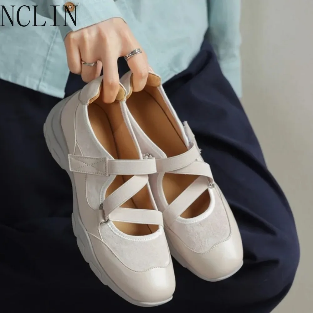 Vintage Beige Leather Mary Jane Shoes Women Cross Strap Square Toe Low Heel Retro Casual Comfy Flats