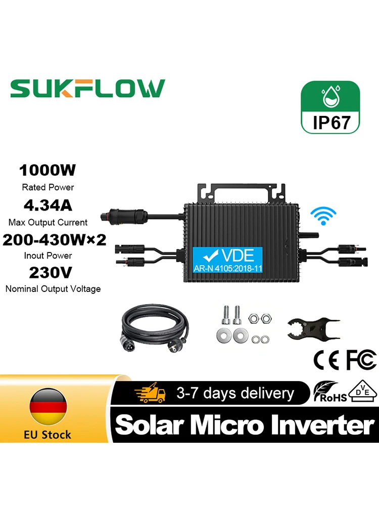 SUKFLOW 1000W Solar-Mikrowechselrichter mit Dual-MPPT, WLAN-Überwachung, IP67 Wasserdicht, Plug-and-Play Balkon-Netzwechselrichter