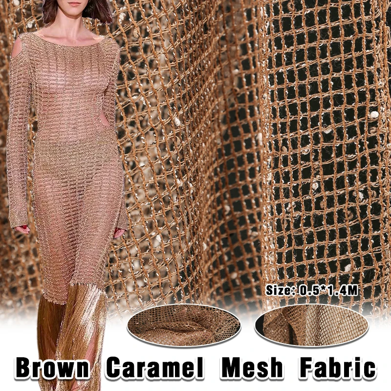 Brown Caramel Particle Mesh See Through Yarn Fabric Dress Clothing Designer Fabric For Sewing Fashion Dress Stage Apparel